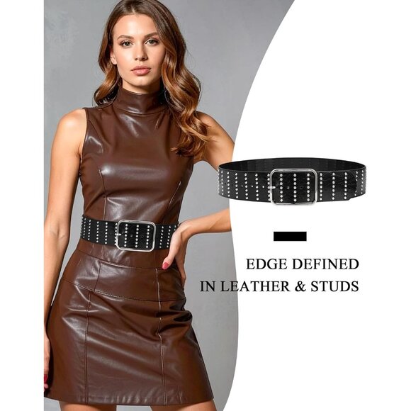 Women\'s Chunky Dress Thick Wide Studded Belts Black Silver Buckle PU Leather main image 4